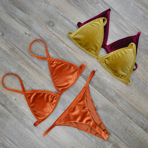 2017 Women Dark Green Orange Gold Velvet Thong Bikinis Sets Swimwear