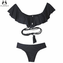 2017 Sexy Off Shoulder Ruffled Bandeau Thong Biquini Strappy Swimsuit